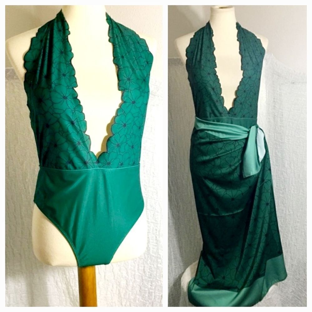 Green Floral Swimsuit & Sarong Set Size Large